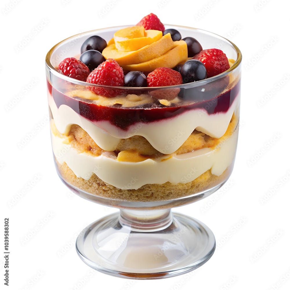 dessert trifle in a transparent glass glass, isolated on a white background