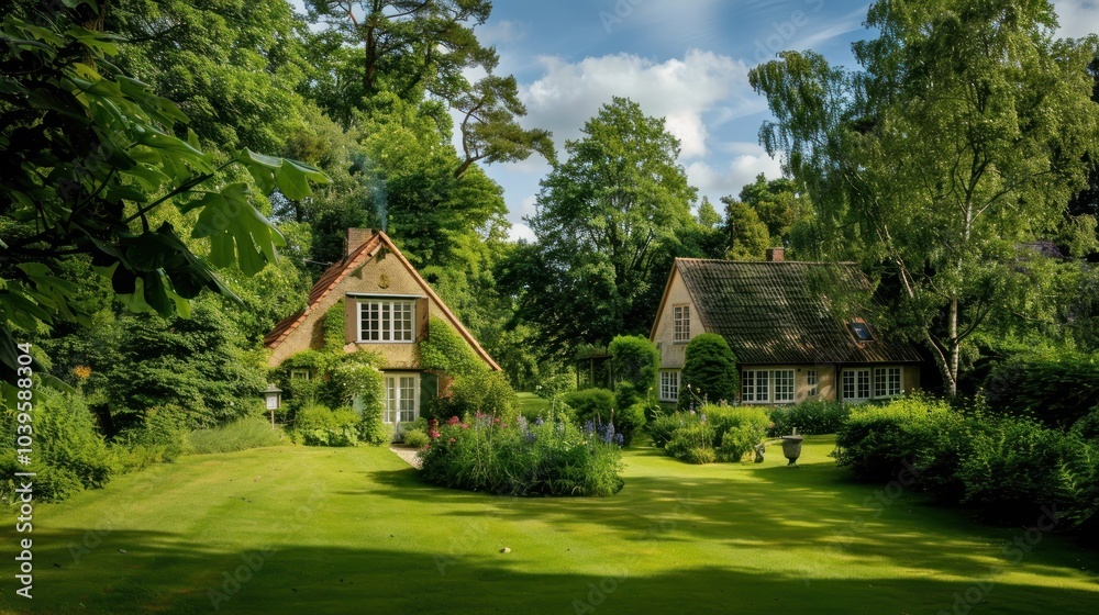 Fototapeta premium Charming Cottages in a Lush Garden