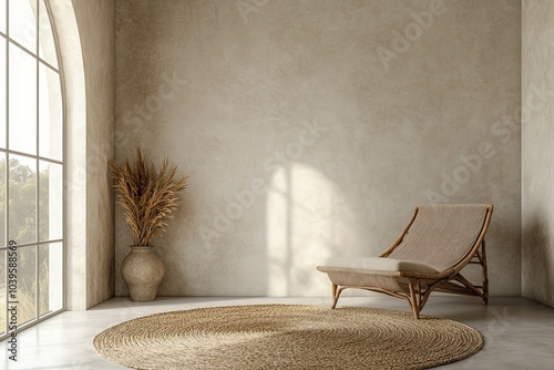 A minimalist room filled with natural light, showcasing a simple wicker lounge chair, a large round rug, and decorative elements in a peaceful setting. photo