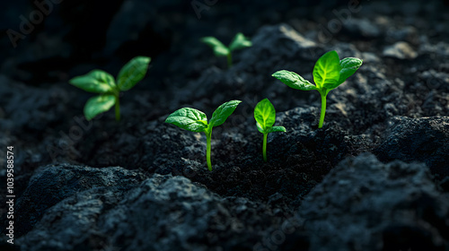 Fresh Green Seedlings Growing in Dark Soil