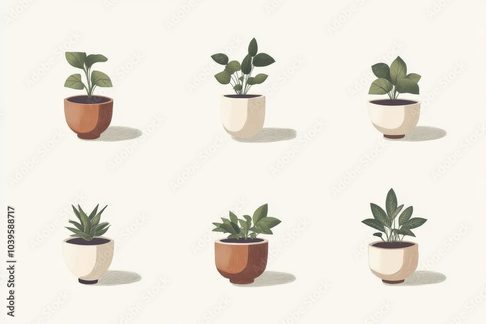Obraz premium Set of minimalistic potted plants in ceramic pots symbolizing modern interior design small space plant care and eco friendly indoor decor for green living