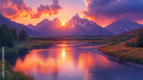 Stunning sunset over mountains reflecting in a serene river.