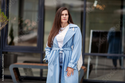 Portrait stylish plus size woman with long hair outdoors, wears fashionable light blue trench coat, showcasing trendy and elegant look in urban setting