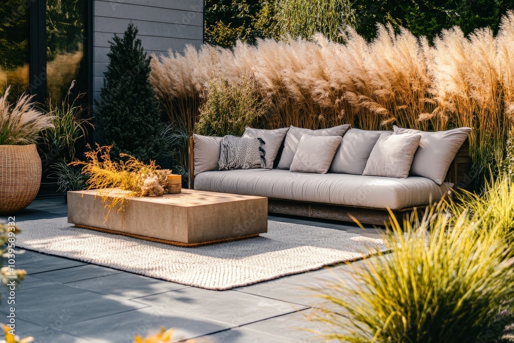 Fototapeta premium An elegant outdoor patio contains a comfortable sofa set against lush ornamental grasses, complemented by a textured rug and a simple, sturdy coffee table.