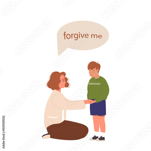 Counselling and communication with children concept. Young loving woman mother sitting and apologising to her child boy. Mother with sorry face, feeling guilty vector illustration isolated on white.