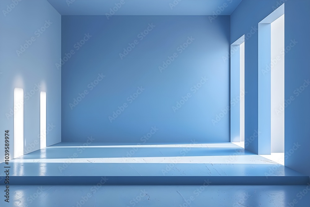 An empty room with blue walls and white floors