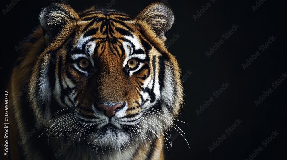 A tight shot of a tiger's eye against a black backdrop A tight shot of a tiger's eye against a black backdrop