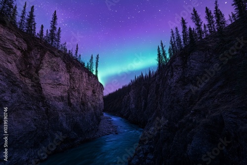 A captivating canyon landscape under shimmering northern lights and a twinkling starry sky, creating an awe-inspiring spectacle of raw and natural beauty. photo