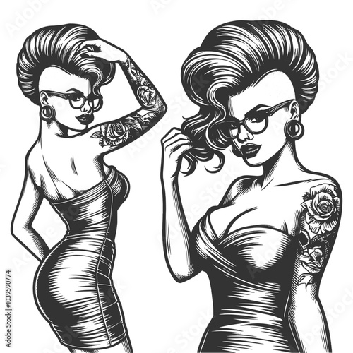 Stylish punk woman, mohawk and tattoos adjusting her glasses, alternative fashion sketch engraving generative ai fictional character vector illustration. Scratch board imitation. Black and white image