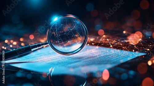 A detailed IT Security Risk Assessment concept depicted with a magnifying glass focused on a document within an abstract technological atmosphere, symbolizing scrutiny and protection photo