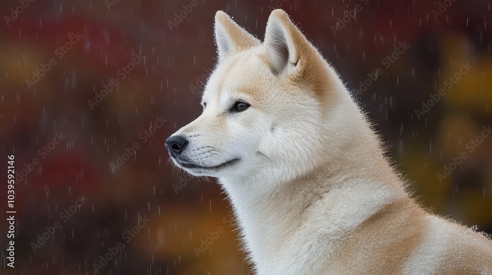 Obraz premium A tight shot of a white pooch boasting a black snout against a hazy backdrop Red and yellow tree stands distinctly in the distance
