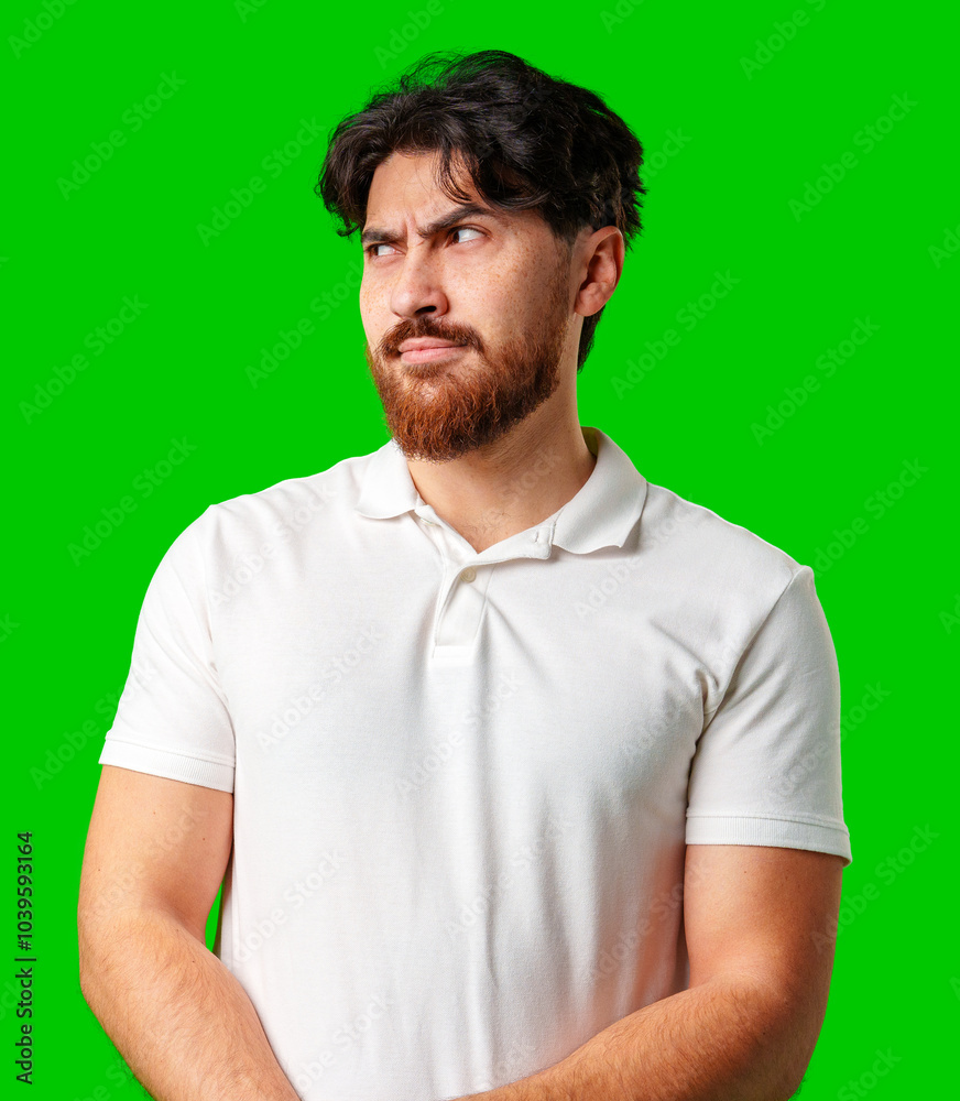 A young man with a beard showing a serious expression against a vibrant green background A young man with a beard showing a serious expression against a vibrant green background