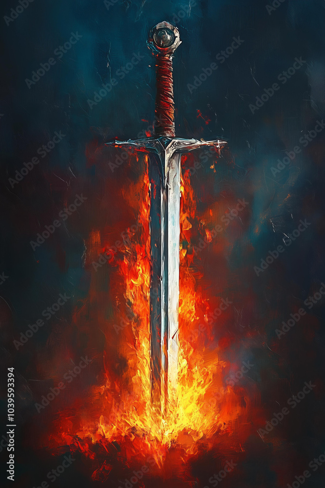 Naklejka premium medieval sword, with its blade raised and the hilt glowing in an intense red flame, stands tall against a dark background. 