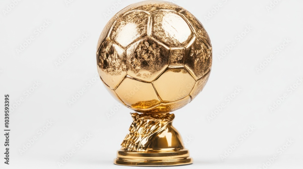 Golden football trophy with fantasy league logo, isolated on white background