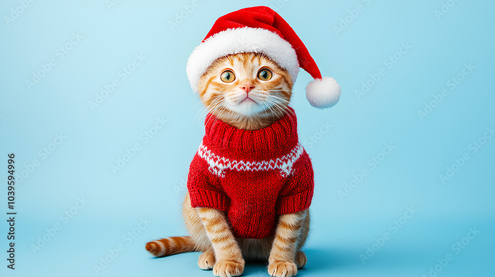 Cat wearing a red sweater and a santa hat Cat wearing a red sweater and a santa hat