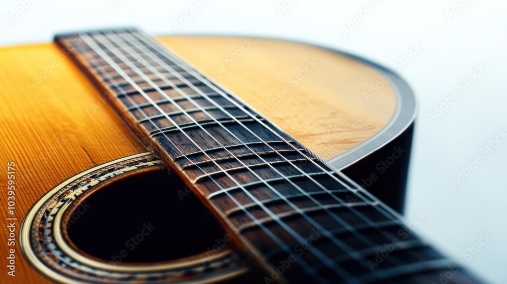 Fototapeta premium Acoustic guitar with wooden body, strings perfectly aligned, isolated on white background