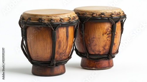 Bongos with wooden bodies and leather drum heads, isolated on white background