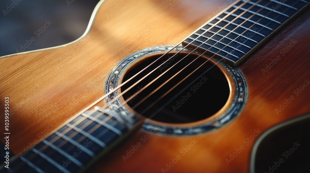 Classic acoustic guitar with a smooth wooden finish, isolated on white background
