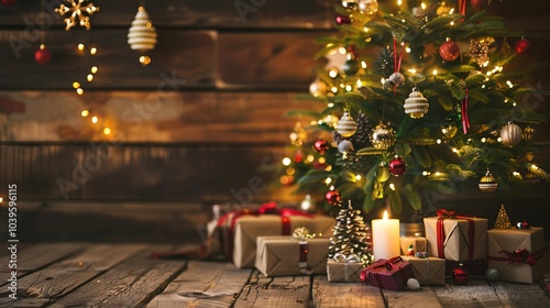 Wallpaper Mural Big beautiful Christmas tree decorated with beautiful shiny baubles and many different gifts on wooden floor. White wall background with plenty of copy space for text. close up Torontodigital.ca