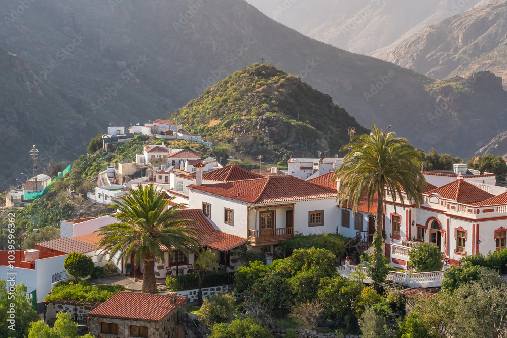 Tejeda village with Roque Nublo peak at background in Gran Canaria, Spain