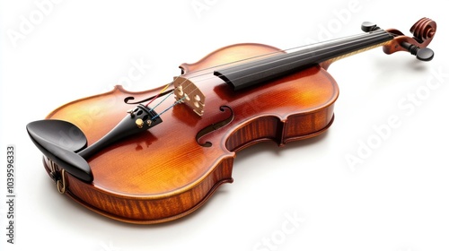 Classic violin with fine wooden finish and bow, isolated on white background
