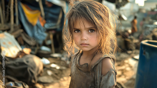 Portrait of a poor girl in a slum area highlighting the struggles of childhood in challenging environments captured in natural light photo