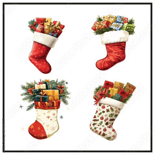 Christmas stocking filled with gifts colorful vector set