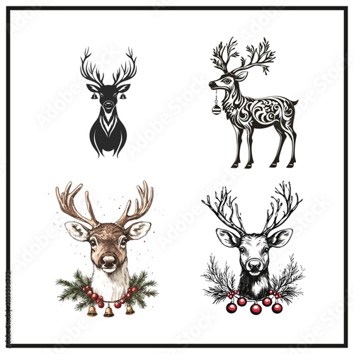 Christmas reindeer with bells set clipart