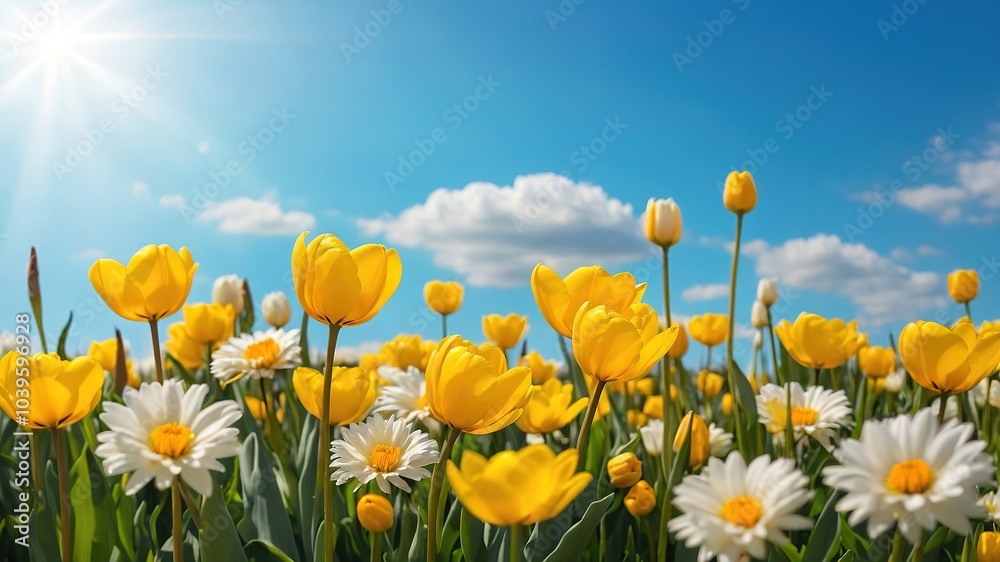 Fototapeta premium Spring Flower Background with Yellow Tulips and Daisies for Design