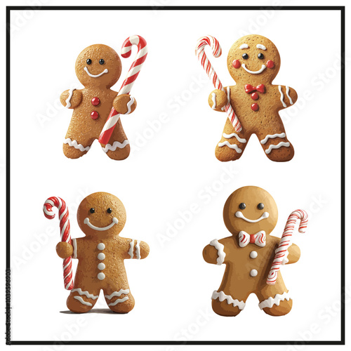 Gingerbread man holding candy cane set clipart