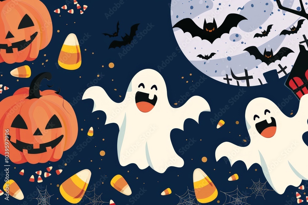 Happy Halloween Illustration with Ghosts, Pumpkins, and Bats