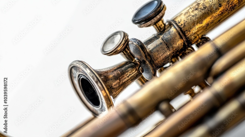 Naklejka premium Mouthpiece of a trombone with brass body, close-up shot, isolated on white background