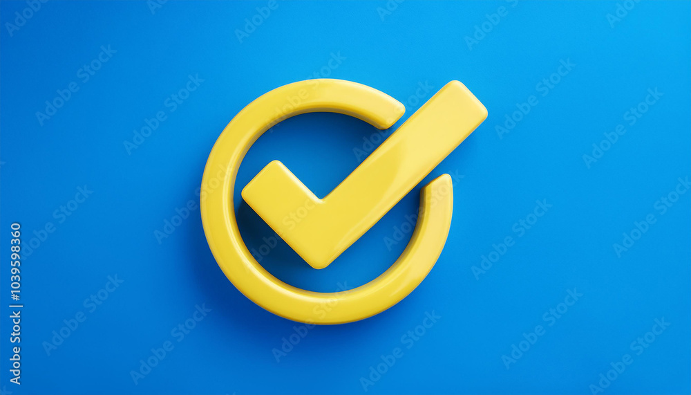 Yellow 3D tick icon, done symbol, check mark on blue background. Yellow 3D tick icon, done symbol, check mark on blue background.
