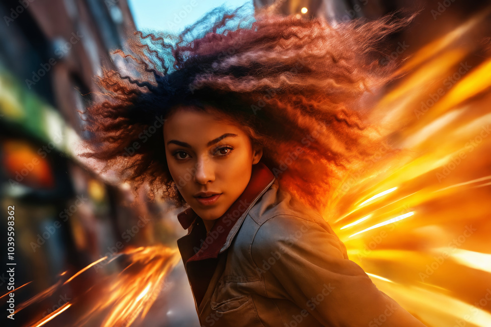 Dark-skinned girl at speed with fire flashes in city streets, blurred picture Dark-skinned girl at speed with fire flashes in city streets, blurred picture