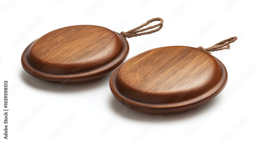 Pair of wooden castanets with strings attached, isolated on white background Pair of wooden castanets with strings attached, isolated on white background