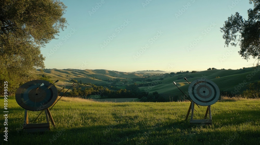 A tranquil archery range set amidst rolling hills, Archery targets set against a panoramic countryside, Serene outdoor style A tranquil archery range set amidst rolling hills, Archery targets set against a panoramic countryside, Serene outdoor style