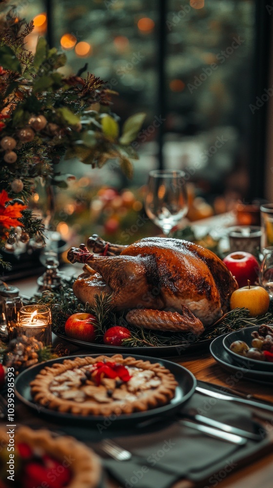 The table is elegantly set for Thanksgiving, showcasing a golden roast turkey surrounded by festive decorations and delicious side dishes The table is elegantly set for Thanksgiving, showcasing a golden roast turkey surrounded by festive decorations and delicious side dishes