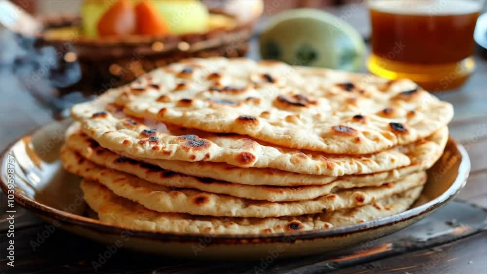 Golden Baked Flatbread Delicious Meal with Perfect Texture and Char, Ideal for Any Cuisine and Perfectly Served on Plate Golden Baked Flatbread Delicious Meal with Perfect Texture and Char, Ideal for Any Cuisine and Perfectly Served on Plate