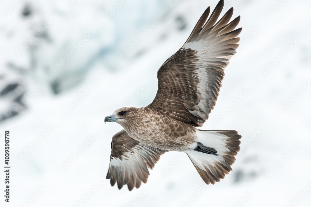 A brown bird with outstretched wings gracefully flies over a snow-covered, icy terrain, showcasing the freedom and beauty of the natural world in motion. A brown bird with outstretched wings gracefully flies over a snow-covered, icy terrain, showcasing the freedom and beauty of the natural world in motion.
