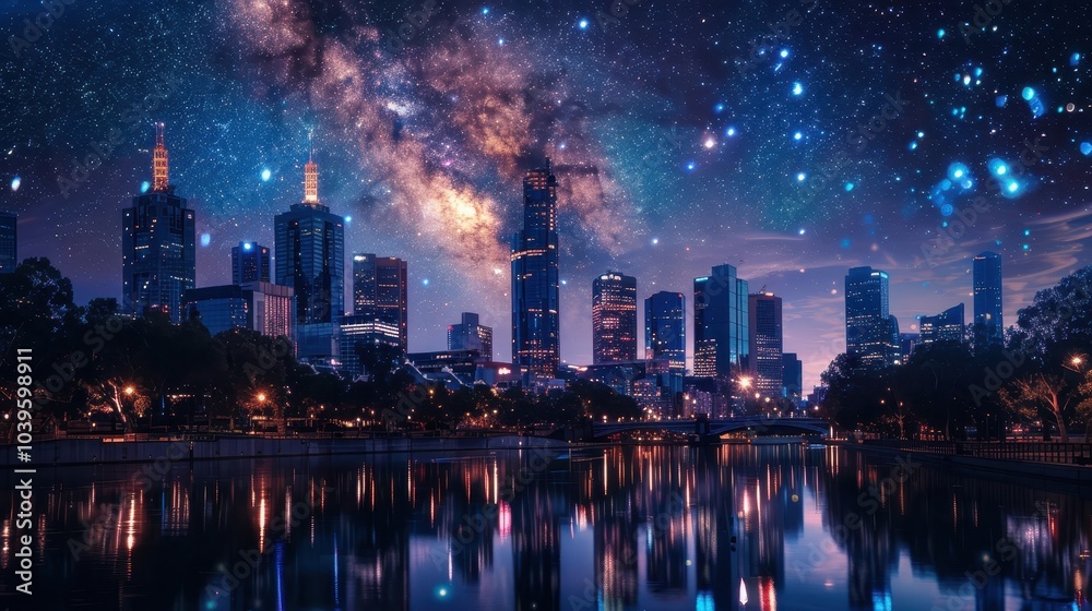 Nighttime Cityscape with Skyscrapers and Starry Sky