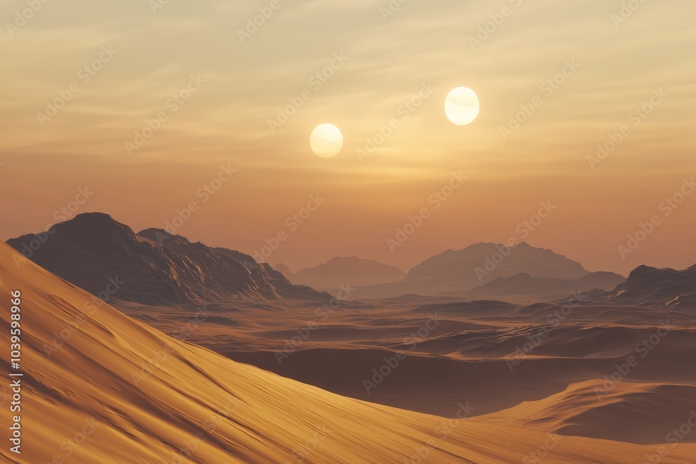 A captivating desert landscape illuminated by twin suns, reflecting contrasting shades of light and shadow, inspiring a sense of boundless adventure and mystery. A captivating desert landscape illuminated by twin suns, reflecting contrasting shades of light and shadow, inspiring a sense of boundless adventure and mystery.