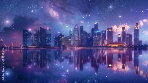 Nighttime Cityscape with Skyscrapers and Starry Sky