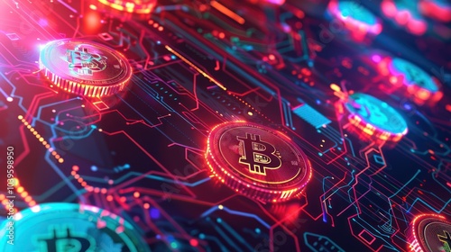 Bitcoin on a Circuit Board with Neon Lights