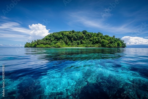 A picturesque view of an island paradise, showcasing azure waters and lush flora under a bright blue sky, perfect for a serene escape. photo