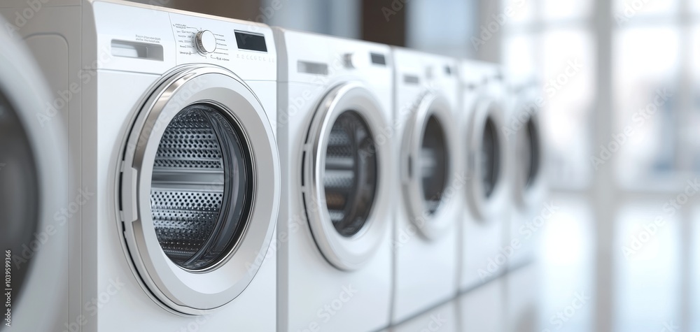 A modern laundry room featuring a row of sleek, white washing machines with large transparent doors, illuminated by natural light from nearby windows. A modern laundry room featuring a row of sleek, white washing machines with large transparent doors, illuminated by natural light from nearby windows.
