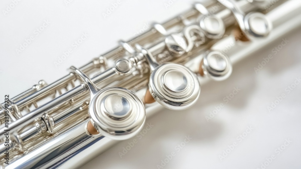 Fototapeta premium Silver piccolo with polished keys, isolated on white background
