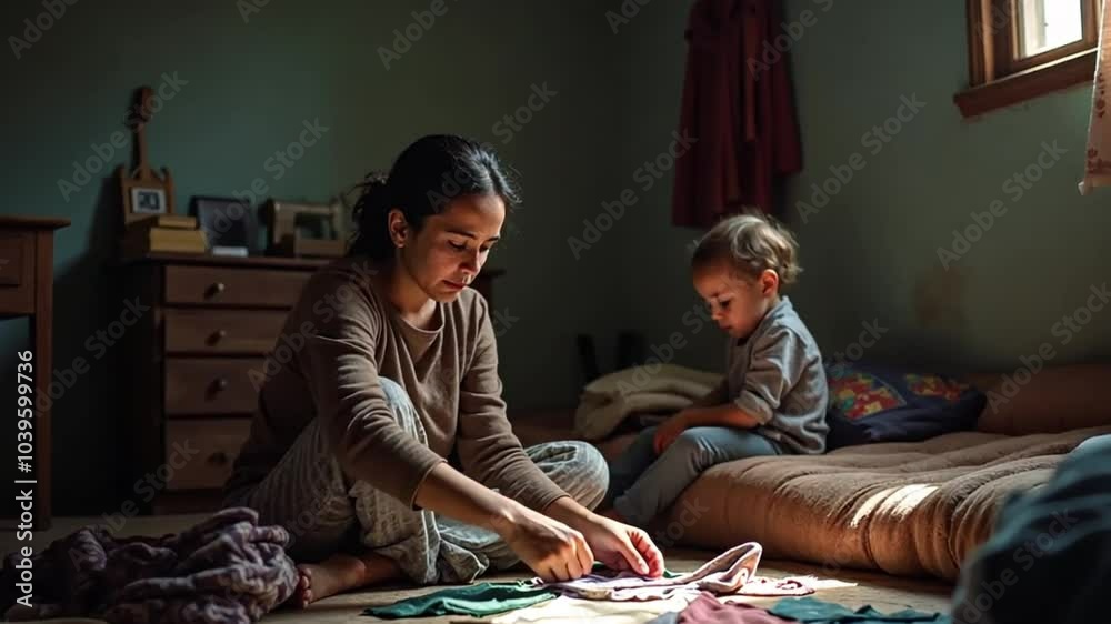 A single parent sits in a dimly lit room sewing clothes by hand to earn a living. A child watches nearby. This shows the struggle of working from home.