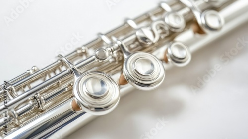 Silver piccolo with polished keys, isolated on white background