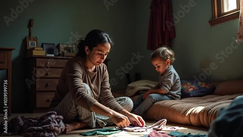 A single parent sits in a dimly lit room sewing clothes by hand to earn a living. A child watches nearby. This shows the struggle of working from home.