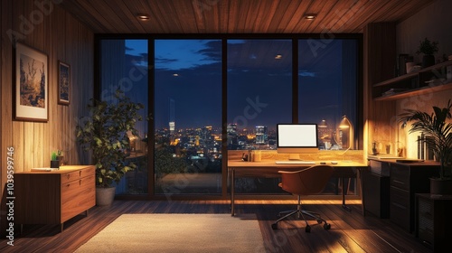 Coworking office space featuring a nighttime city view, a wooden floor, walls, and ceiling, and a blank computer monitor. Interior design in a country style. A mockup and a 3D render